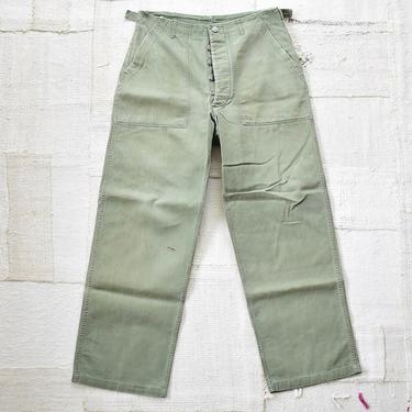 Vintage 31-34 Waist x 31 Inseam Green OG 107 Fatigues | Herringbone Twill Metal Button 40s Trousers | Army Pants | 