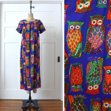 vintage 1970s muu muu dress • bright psychedelic owl print • funky seventies kaftan loungewear 