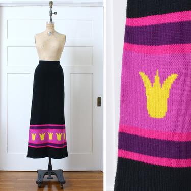 vintage 1970s maxi skirt • black &amp; hot pink acrylic knit long skirt • tulip pop art skirt 