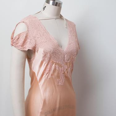 1930s Cold Shoulder Nightgown / 30s Peach Silk Bias Cut Gown 