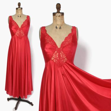 Vintage 80s OLGA Red  Nightgown / 1980s Full Sweep Full Skirt Lace Nightgown 92270 by luckyvintageseattle
