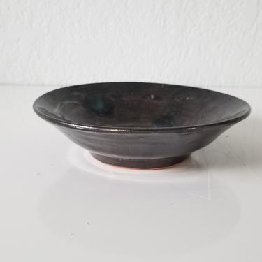 Vintage Black Glaze Decorative Pottery Bowl , Signed . 