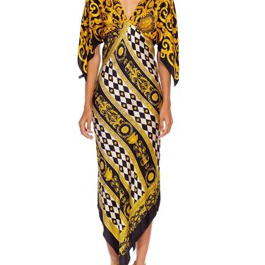 MORPHEW COLLECTION Black & Gold Status Print Silk Geometric Two Scarf Dress 