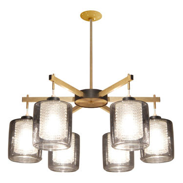 Lightolier Chandelier In Brass With Textured Diffusers And Smoked Glass Shades 1950s (Signed)