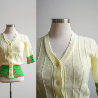Vintage 1970s Knit Sweater / 70s Knit Cardigan / Green and White Cardigan / 1970s Striped Cardigan Small 