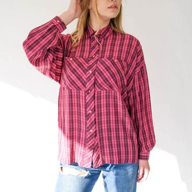 Vintage 80s L. Antonelli Fuchsia Plaid Silk Blend Button Up Blouse | Made in Italy | Boxy Fit | 1980s Italian Designer Boho Relaxed Silk Top 