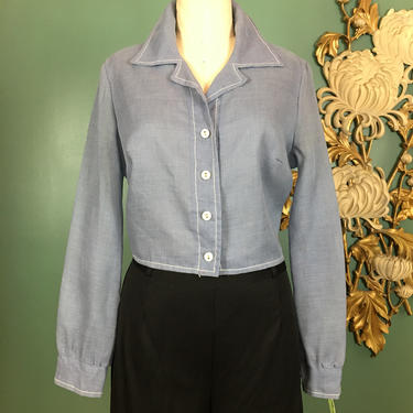 1970s cropped blouse, vintage 70s top, chambray blouse, deadstock shirt, medium large, cotton poly, denim blue, mod blouse, retro style, 38 