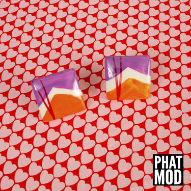Rad Vintage 80s 90s Orange Purple Geometric Square Hand-Painted Earrings 