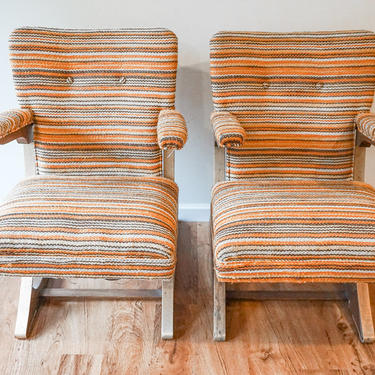 Two Unique Cushioned Cantilever McKay Spring  Style Rocking Chairs With Vintage Upholstery (Sold Separately) 