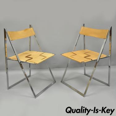 Pair Fontoni &amp; Geraci Elios Folding Chairs Italian Modern Chrome and Leather A