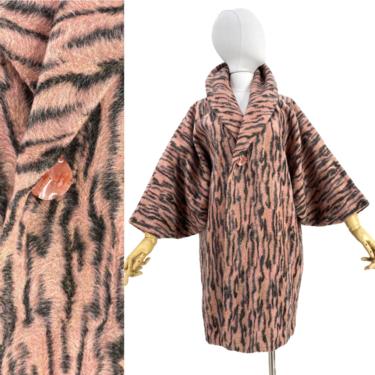 50s TIGER print pink faux fur coat M-L / vintage 1950s animal leopard mid century lightweight car coat Med large 
