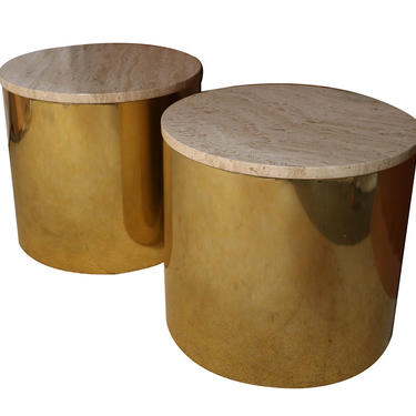 Paul Mayen Mid Century Pair Brass Round Side Drum Tables Travertine Top 