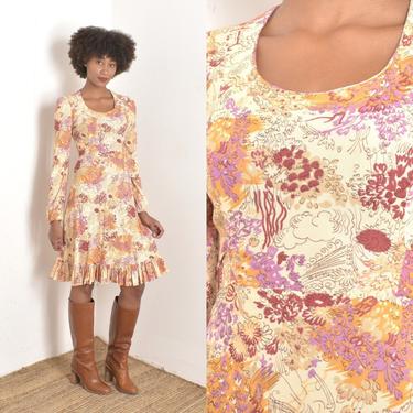 Vintage 1970s Dress / 70s Jody of California Printed Jersey Dress / Beige Pink ( small S ) 