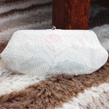 Vintage 1960s White Floral Beaded Clutch - Pastel Thistle Purse Evening Bag, Made in Japan 