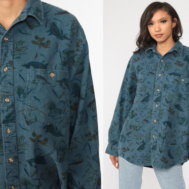 90s Fish hirt Eddie Bauer Shirt Button Up Blue Fishing Long Sleeve Top Collar Flannel Boho 1990s Vintage Men's Large 