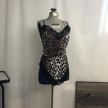 1980s vintage leopard print lace bodysuit teddy lingerie L 