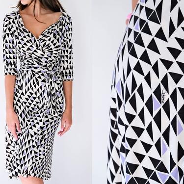 Vintage Diane Von Furstenburg Silk Ivory Wrap Dress w/ Signature & Geometric Print | 100% Silk | Bohemian, Boho | Y2K 2000s DVF Silk Dress 