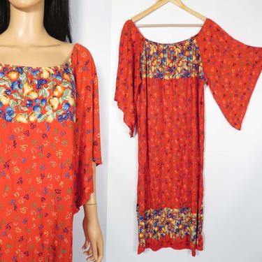 Vintage 60s/70s Fruit And Squiggle Print Bell Sleeve Lightweight Nylon Maxi Dress Size M/L 