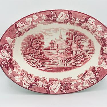 Vintage Wood &amp; Sons- England Woods Ware - Enoch Woods English Scenery Oval Vegetable Serving Bowl Pink transfer ware 