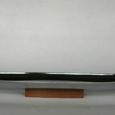 vintage mid century Milbern Creations stainless serving tray/dish/wood base 