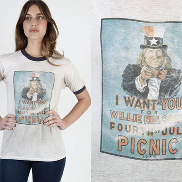 Willie Nelson T Shirt / 1983 July 4th Picnic / Outlaw Country I want You T Shirt / White Paper THIN Uncle Sam Western Shirt 