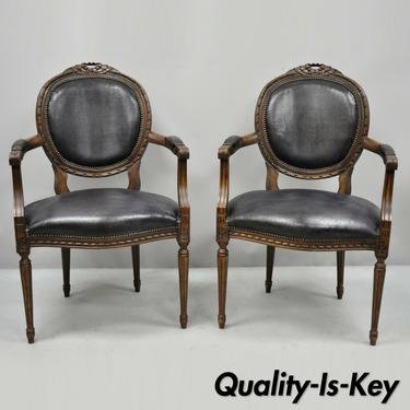 Pair of French Louis XVI Style Italian Bow Carved Fauteuil Fireside Arm Chairs