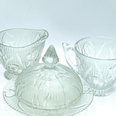 Vintage  Jeanette Glass Iris &amp; Herringbone Clear Depression Glass Covered Butter Dish, Sugar Bowl and Creamer 