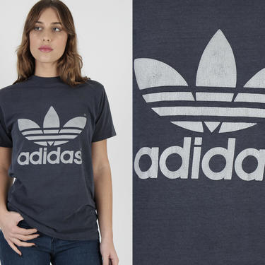 Adidas Trefoil T Shirt / 2 Double Sided Logo Tee / Vintage Soccer Track Running Football Navy Blue T Shirt by americanarchive