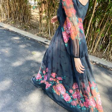 VICTOR COSTA 80s Deep Green Floral Peasant Dress