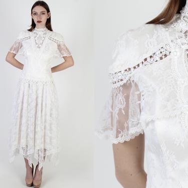 Scott McClintock White Victorian Dress / 1980s Deco Wedding Dress / Vintage 80s Hanky Hemline / Womens Plain Edwardian Asym Maxi 