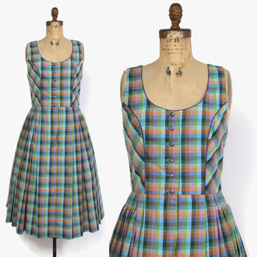 Vintage 80s Dirndl Dress / 1980s Austrian Tyrol Plaid Cotton Dress 