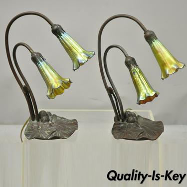 Pair Tiffany Buffalo Studios Style Art Nouveau CAG Art Glass Shade Lily Pad Lamp