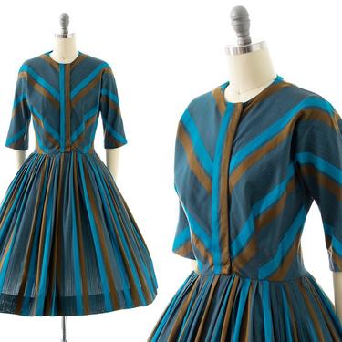 Vintage 1950s Shirt Dress | 50s Chevron Striped Cotton Blue Teal Button Up Full Skirt Fit and Flare Shirtwaist Day Dress (small/medium) 
