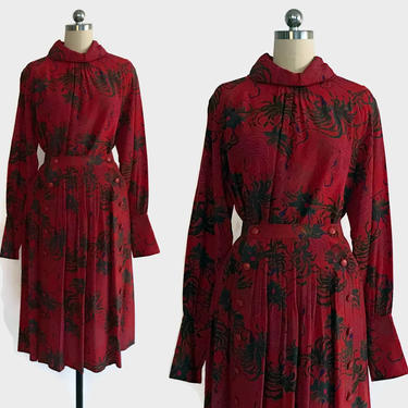 Vintage 70s CHLOE Dress Set / 1970s Karl Lagerfeld Red Asian Floral Blouse & Matching Skirt Two Piece Set by luckyvintageseattle
