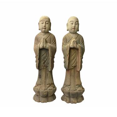 Pair Chinese Rustic Wood Standing Lohon Monk Statues ws1518E 