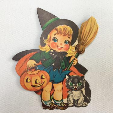 Vintage Dennison Witch Die Cut, Girl Witch With Black Cat And JOL, Small Halloween Die Cut, Listing Is For One 