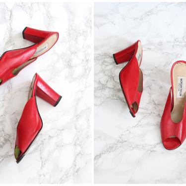red leather slides - '90s Morgan Taylor slide on heels / '90s red leather heels - made in Spain / open toe sandals - high heel slides / 