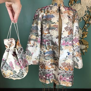 1940s asian jacket, ivory brocade, vintage jacket, puff shoulders, novelty print, crane, size medium, matching purse, mandarin style, frog 