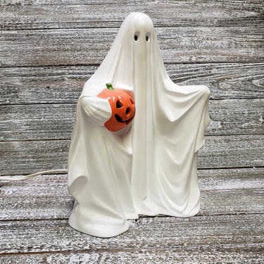 Vintage Halloween Ghost Light, Hand Painted Spooky Ceramic Ghost Decor, Lighted Ceramic Ghost w/ Jack O Lantern Pumpkin, Vintage Home Decor 