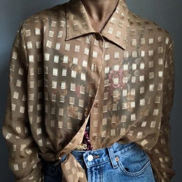vintage goldtone sheer panel tile french cut oversized collared blouse 
