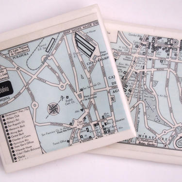 1960 La Paz Bolivia Handmade Vintage Map Coasters - Ceramic Tile Coasters set of 2 - Repurposed 1960s Atlas - OOAK Drink Coasters 