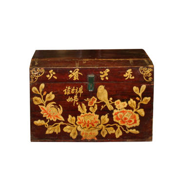 Chinese Vintage Brown Floral Bird Theme Trunk Box Chest cs5594E 