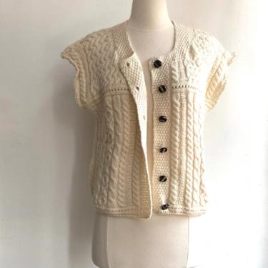 80’s Vintage HAND KNIT CARDIGAN Cropped Vest / Cabled Knit + Shell  Buttons 