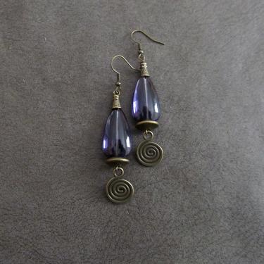 Mid century modern earrings, purple glass earrings, bronze dangle earrings, Art Deco unique, Brutalist bohemian artisan vintage earrings 