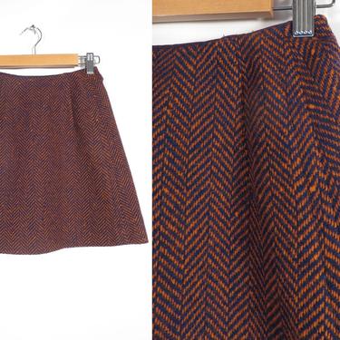 Vintage 60s/70s Herringbone Tweed Blue And Orange Wool School Girl A Line Mini Skirt Size 24 Waist XXS 