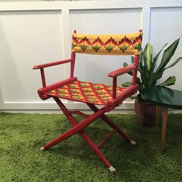 Directors Chair Vintage Mid Century Boho Colorful Wool Needlepoint Hippie Floral MOD Chevron Telescope  Wooden Folding Chair Bright 