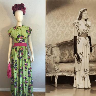 The Boys Are Home - Vintage 1940s Ceil Chapman Chartreuse Floral Rayon Long Evening Gown w/Cerise Waist - 2/4 
