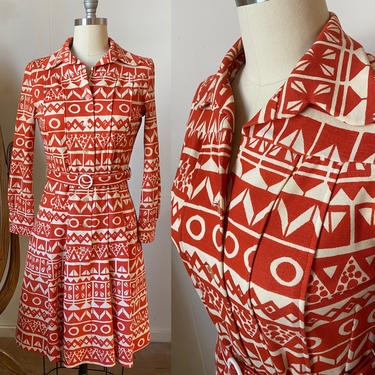 1970s Geometric Novelty Knit Autumn dress with matching belt, bolan sleeves 