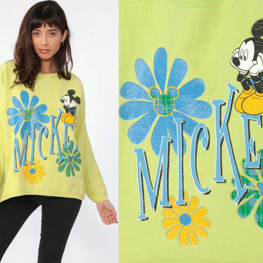 Disney Mickey Mouse Sweatshirt -- 90s Sweater Lime Green Disneyland Glitter Floral Shirt Cartoon Crewneck Vintage Retro Extra Large xl 