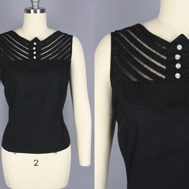 1950s MESH Neckline Top | Vintage 50s Black Cotton Button Back Sleeveless Blouse | small / medium 